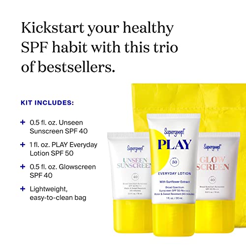 Supergoop! SPF Bestsellers Starter Kit - Reef-Friendly, Broad Spectrum Sunscreen for Face & Body - Includes Play Everyday Lotion SPF 50, Unseen Sunscreen, Glowscreen SPF 40 & Reusable Pouch