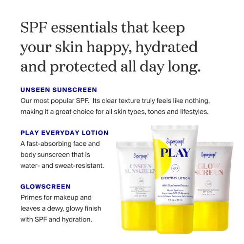 Supergoop! SPF Bestsellers Starter Kit - Reef-Friendly, Broad Spectrum Sunscreen for Face & Body - Includes Play Everyday Lotion SPF 50, Unseen Sunscreen, Glowscreen SPF 40 & Reusable Pouch