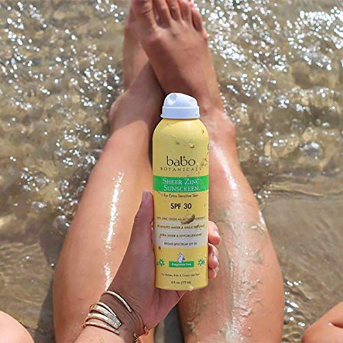 Babo Botanicals Sheer Zinc Continuous Spray Sunscreen SPF 30 with 100% Mineral Active, Water-Resistant, Fragrance-Free, Vegan, for Babies, Kids or Sensitive Skin - 6 Oz. - 1-Pack