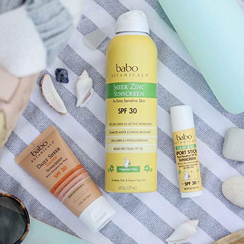 Babo Botanicals Sheer Zinc Continuous Spray Sunscreen SPF 30 with 100% Mineral Active, Water-Resistant, Fragrance-Free, Vegan, for Babies, Kids or Sensitive Skin - 6 Oz. - 1-Pack