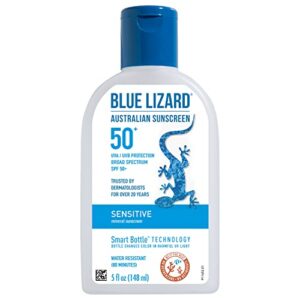 blue lizard sensitive mineral sunscreen with zinc oxide, spf 50+, water resistant, uva/uvb protection with smart bottle technology – fragrance free, 5 oz