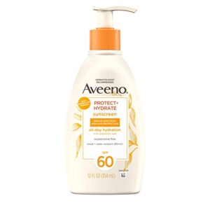 aveeno protect + hydrate moisturizing body sunscreen lotion with broad spectrum spf 60 & prebiotic oat, weightless, paraben-free, oil-free & oxybenzone-free, pump bottle, 12.0 ounces