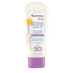 Aveeno Baby Continuous Protection Zinc Oxide Mineral Sunscreen Lotion for Sensitive Skin with Broad Spectrum SPF 50, Tear-Free, Sweat- & Water-Resistant, Travel-Size, 3 fl. Oz