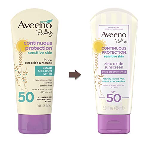 Aveeno Baby Continuous Protection Zinc Oxide Mineral Sunscreen Lotion for Sensitive Skin with Broad Spectrum SPF 50, Tear-Free, Sweat- & Water-Resistant, Travel-Size, 3 fl. Oz