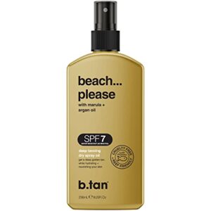 b.tan spf 7 deep tanning dry spray | beach… please spf 7 tanning oil – get a deep beach bronze & golden tan, deeply nourishes skin from marula & argan oil, includes a touch of self tan for an extra kick, vegan, cruelty free 8 fl oz