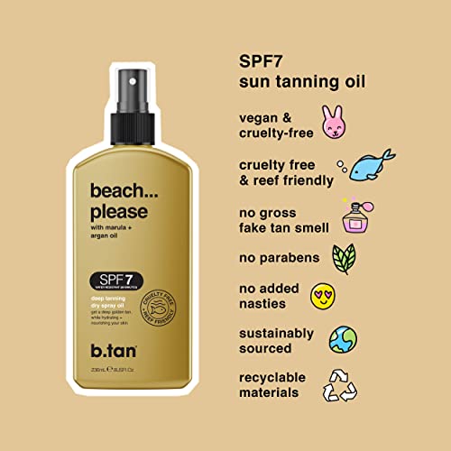 b.tan SPF 7 Deep Tanning Dry Spray | Beach... Please SPF 7 Tanning Oil - Get a Deep Beach Bronze & Golden Tan, Deeply Nourishes Skin from Marula & Argan Oil, Includes a Touch of Self Tan for an Extra Kick, Vegan, Cruelty Free 8 Fl Oz