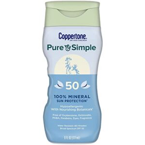 coppertone pure and simple zinc oxide mineral sunscreen lotion spf 50, body sunscreen, water resistant, broad spectrum spf 50 sunscreen for sensitive skin, 6 fl oz bottle