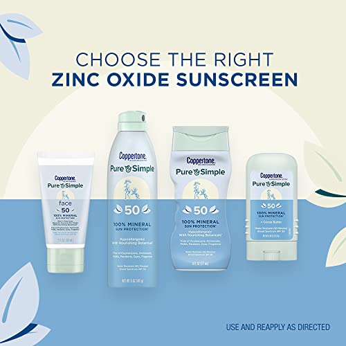 Coppertone Pure and Simple Zinc Oxide Mineral Sunscreen Lotion SPF 50, Body Sunscreen, Water Resistant, Broad Spectrum SPF 50 Sunscreen for Sensitive Skin, 6 Fl Oz Bottle