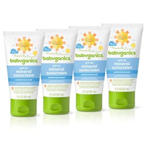 babyganics spf 50 travel size all mineral baby sunscreen lotion | uva uvb protection | water resistant, 2 fl oz (pack of 4) packaging may vary