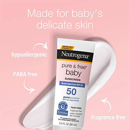 Neutrogena Pure & Free Baby Mineral Sunscreen Lotion with Broad Spectrum SPF 50 & Zinc Oxide, Water-Resistant, Hypoallergenic & Tear-Free Baby Sunscreen, 3 fl. oz, 3 pk