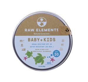 raw elements baby + kids spf 30 organic sunscreen lotion non-nano zinc oxide, reef-safe, cruelty-free, gentle and moisturizing, zero waste tin, 3oz