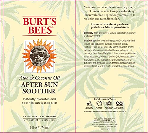 Burt's Bees Lotion, Hydrating Aloe & Coconut Oil Sun Burn Relief, Natural After Sun Soother, 6 Ounce (Packaging May Vary)