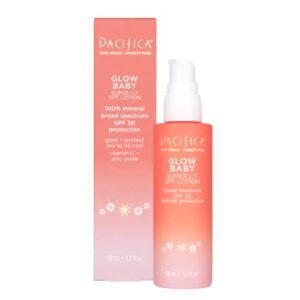 glow baby super lit spf 30 lotion, broad spectrum sunscreen uva/uvb protection, tinted moisturizer, 100% mineral spf, no white cast, zinc oxide, for all skin tones, non greasy, vegan & cruelty free