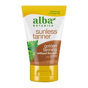 alba botanica sunless tanner, self-tanning lotion for face and body, golden tanning without the sun, non-streaking and natural looking self-tanner, 4 oz. tube