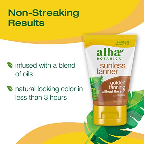 Alba Botanica Sunless Tanner, Self-Tanning Lotion for Face and Body, Golden Tanning without the Sun, Non-Streaking and Natural Looking Self-Tanner, 4 oz. Tube