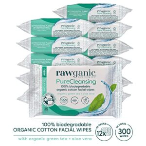 RAWGANIC Refreshing Facial Wipes | Gentle Soothing, Alcohol-free, Fragrance-free, Biodegradable Organic Cotton Wipes | with Aloe Vera and Green Tea | 12 Packs of 25 (300 wipes)