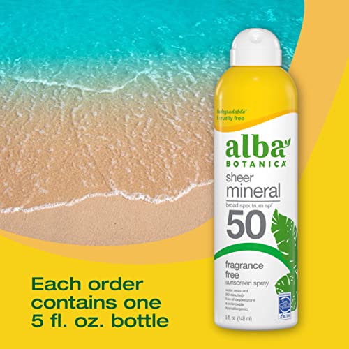 Alba Botanica Sunscreen for Face and Body, Fragrance-Free Sheer Mineral Sunscreen Spray, Broad Spectrum SPF 50, Water Resistant and Biodegradable, 5 fl. oz. Bottle