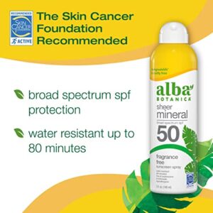 Alba Botanica Sunscreen for Face and Body, Fragrance-Free Sheer Mineral Sunscreen Spray, Broad Spectrum SPF 50, Water Resistant and Biodegradable, 5 fl. oz. Bottle