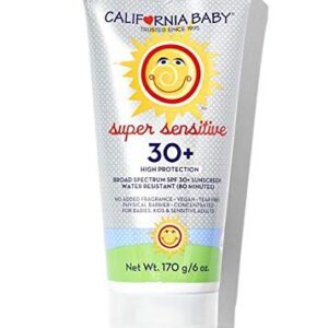 California Baby Super Sensitive SPF 30+ Sunscreen Lotion | Broad Spectrum | Unscented Mineral Sunscreen Face & Body | Allergy-Friendly | Coral Reef Safe | Benzene-Free | Baby, Kids, Adults Physical Sunscreen For Sensitive Skin or Eczema | 170 g / 6 oz.