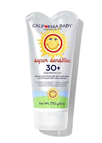 California Baby Super Sensitive SPF 30+ Sunscreen Lotion | Broad Spectrum | Unscented Mineral Sunscreen Face & Body | Allergy-Friendly | Coral Reef Safe | Benzene-Free | Baby, Kids, Adults Physical Sunscreen For Sensitive Skin or Eczema | 170 g / 6 oz.