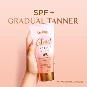 Coppertone Glow Protect and Tan Sunscreen Lotion with Gradual Self Tanner SPF 45, Water Resistant Sunscreen, SPF 45 Broad Spectrum Sunscreen SPF 45, 5 Fl Oz Tube