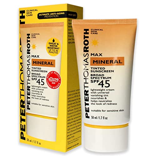 Peter Thomas Roth | Max Mineral Tinted Sunscreen Broad Spectrum SPF 45 | Tinted Moisturizer with SPF, Water-Resistant Mineral Sunscreen For Sensitive Skin, 1.7 Fl Oz. (Pack of 1)