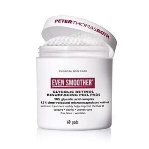 peter thomas roth | even smoother glycolic retinol resurfacing peel pads | glycolic acid facial peel with retinol for uneven texture and tone, 60 ct.