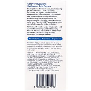 Cerave Hyaluronic Acid Serum for Face with Vitamin B5 and Ceramides | Hydrating Face Serum for Dry Skin | Fragrance Free | 1 Ounce