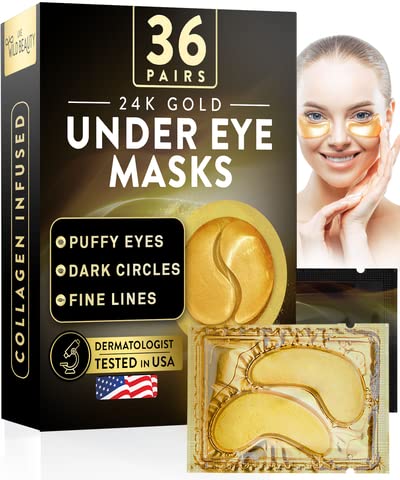 Wild Beauty Under Eye Patches (36 Pairs), Eye Masks for Dark Circles and Puffiness! Under Eye Patches for Under Eye Bags, 24K Gold Eye Mask, Under Eye Mask for Adults, Eye Patches for Puffy Eyes