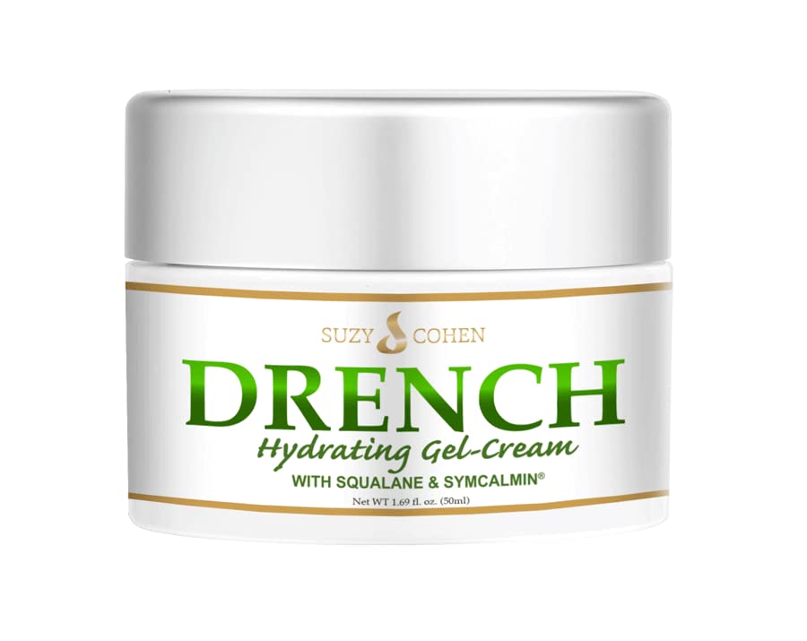 Suzy Cohen Drench Hydrogel Face Moisturizer for Women and Men. Soothes dry, itchy, dull skin and softens fine lines. Anti-aging face cream for dry skin with squalane, aloe, aspen extract & Sym-Calmin.