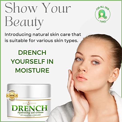 Suzy Cohen Drench Hydrogel Face Moisturizer for Women and Men. Soothes dry, itchy, dull skin and softens fine lines. Anti-aging face cream for dry skin with squalane, aloe, aspen extract & Sym-Calmin.