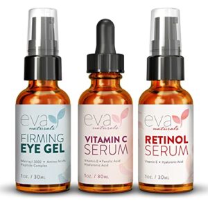 eva naturals facelift in a bottle – 3-in-1 anti-aging set with retinol serum, vitamin c serum and eye gel – formulated to reduce wrinkles, fade dark spots and treat under-eye bags – premium quality