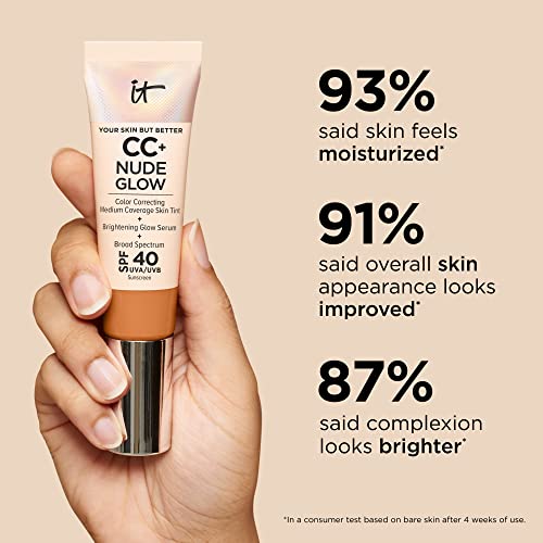 IT Cosmetics CC+ Nude Glow Lightweight Foundation + Glow Serum with SPF 40 - With Niacinamide, Hyaluronic Acid & Green Tea Extract - Medium - 1.08 fl oz