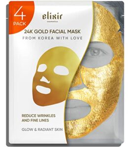 24k gold facial masks for women skin care anti aging – collagen moisturizing sheet mask for sensitive skin – brightening korean face mask – hydrating mask to reduce fine lines & wrinkles by elixir (4 pack)