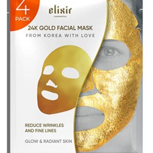 24K Gold Facial Masks for Women Skin Care Anti Aging - Collagen Moisturizing Sheet Mask for Sensitive Skin - Brightening Korean Face Mask - Hydrating Mask to Reduce Fine Lines & Wrinkles by Elixir (4 Pack)