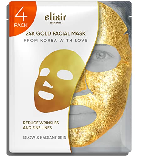 24K Gold Facial Masks for Women Skin Care Anti Aging - Collagen Moisturizing Sheet Mask for Sensitive Skin - Brightening Korean Face Mask - Hydrating Mask to Reduce Fine Lines & Wrinkles by Elixir (4 Pack)