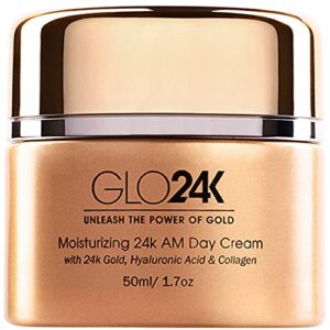 glo24k moisturizing day cream with 24k gold, hyaluronic acid, collagen, and vitamins. for optimal hydration!