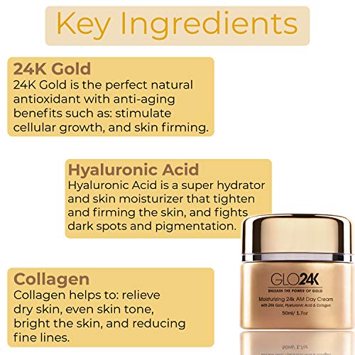 GLO24K Moisturizing Day Cream with 24k Gold, Hyaluronic Acid, Collagen, and Vitamins. For Optimal Hydration!