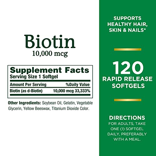 Nature’s Bounty Biotin, Supports Healthy Hair, Skin and Nails, 10,000 mcg, Rapid Release Softgels, 120 Ct