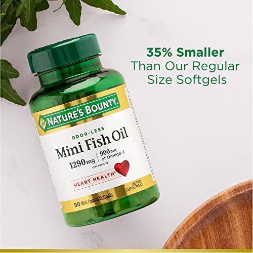 Nature’s Bounty Mini Fish Oil Softgels 1290 mg, Omega-3, Supports Heart Health, Odor-Less, 90 Mini Coated Softgels