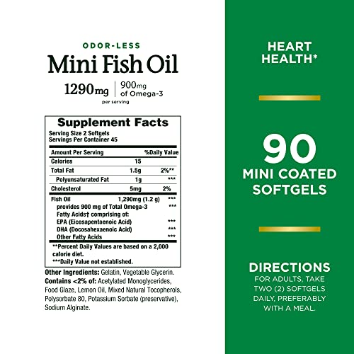 Nature’s Bounty Mini Fish Oil Softgels 1290 mg, Omega-3, Supports Heart Health, Odor-Less, 90 Mini Coated Softgels