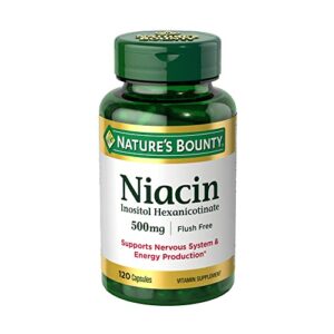 nature’s bounty niacin 500mg flush free, cellular energy support, supports nervous system health, 120 capsules