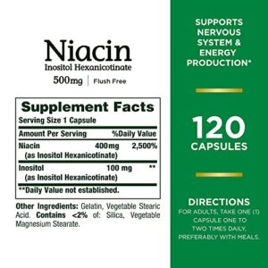 Nature’s Bounty Niacin 500mg Flush Free, Cellular Energy Support, Supports Nervous System Health, 120 Capsules