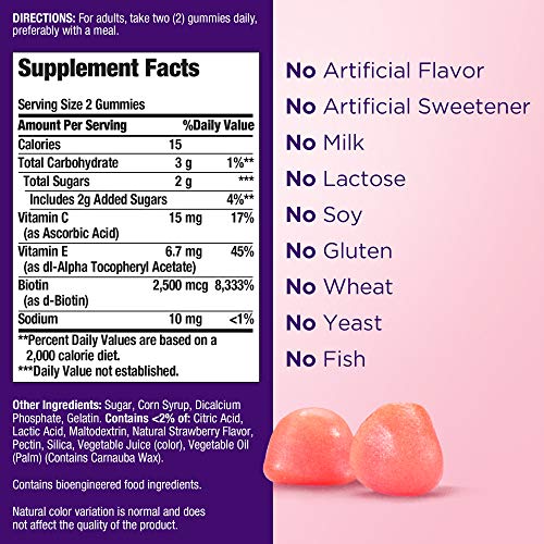 Nature's Bounty Hair, Skin & Nails with Biotin, Strawberry Gummies Vitamin Supplement, Supports Hair, Skin, and Nail Health for Women, 2500 mcg, 140 Ct