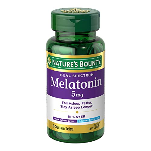 Nature’s Bounty Melatonin 5mg Dual Spectrum, 100% Drug Free Sleep Supplement, Quick Release and Extended Release, Promotes Relaxation and Sleep Health, 60 Bi-Layer Tablets