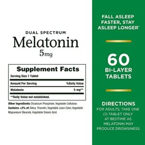 Nature’s Bounty Melatonin 5mg Dual Spectrum, 100% Drug Free Sleep Supplement, Quick Release and Extended Release, Promotes Relaxation and Sleep Health, 60 Bi-Layer Tablets