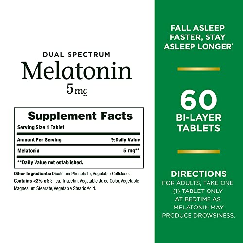 Nature’s Bounty Melatonin 5mg Dual Spectrum, 100% Drug Free Sleep Supplement, Quick Release and Extended Release, Promotes Relaxation and Sleep Health, 60 Bi-Layer Tablets