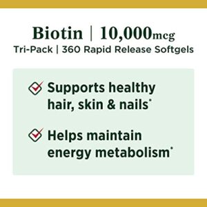 Nature’s Bounty Biotin 10,000mcg, Supports Beautiful Hair, Glowing Skin and Healthy Nails, Rapid Release Softgels, 120 Count (Pack of 3)