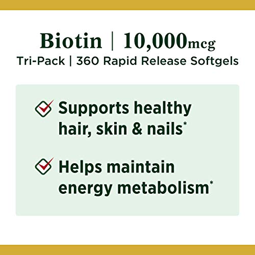 Nature’s Bounty Biotin 10,000mcg, Supports Beautiful Hair, Glowing Skin and Healthy Nails, Rapid Release Softgels, 120 Count (Pack of 3)