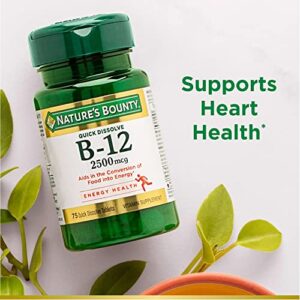 Nature’s Bounty Vitamin B12 2500 mcg, Cellular Energy Support, For Energy Metabolism, Heart & Nervous System Health, 75 Quick Dissolve Tablets